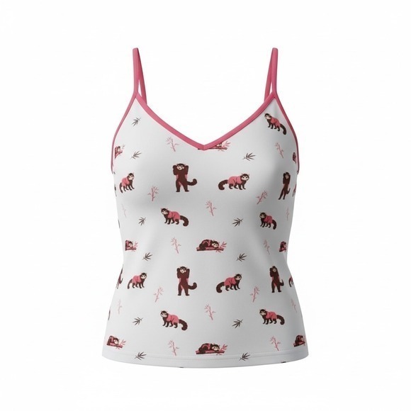 Tops - Red Panda Bamboo Print V-Neck Cami Spaghetti Strap Tank Top White Pink S/M